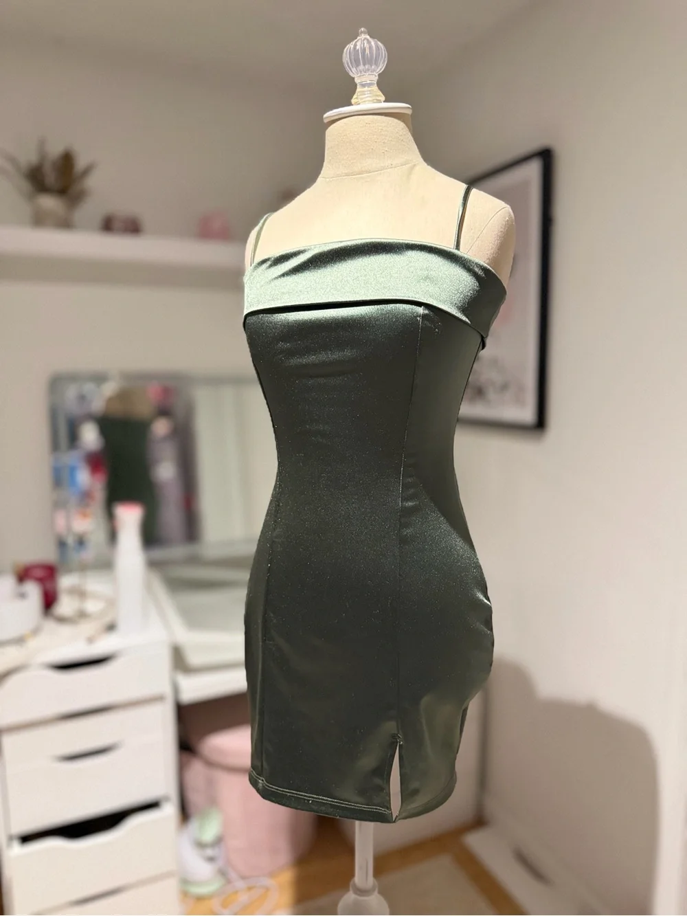 Windsor Olive Green Satin Off-Shoulder Mini Dress